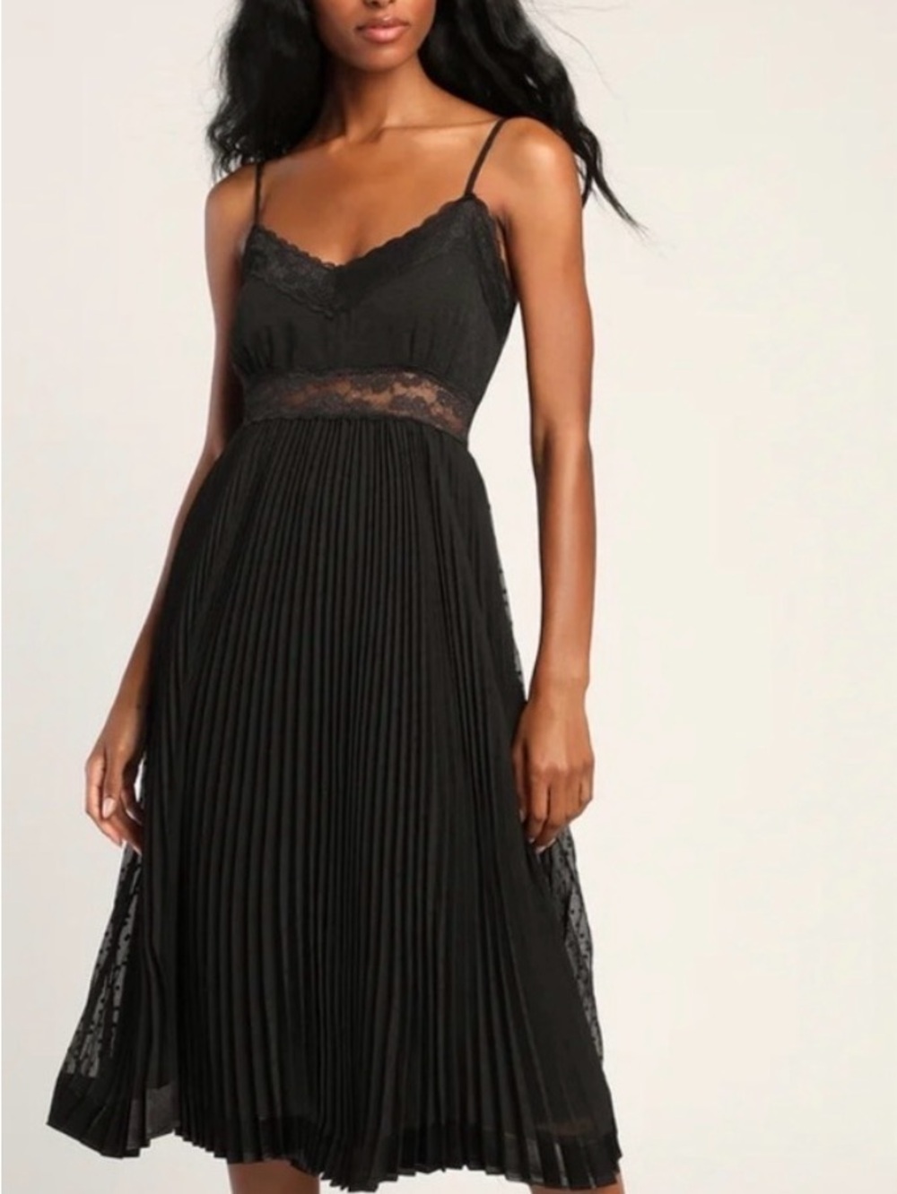 Lulu's Black Lace-Trim Pleated Midi Dress